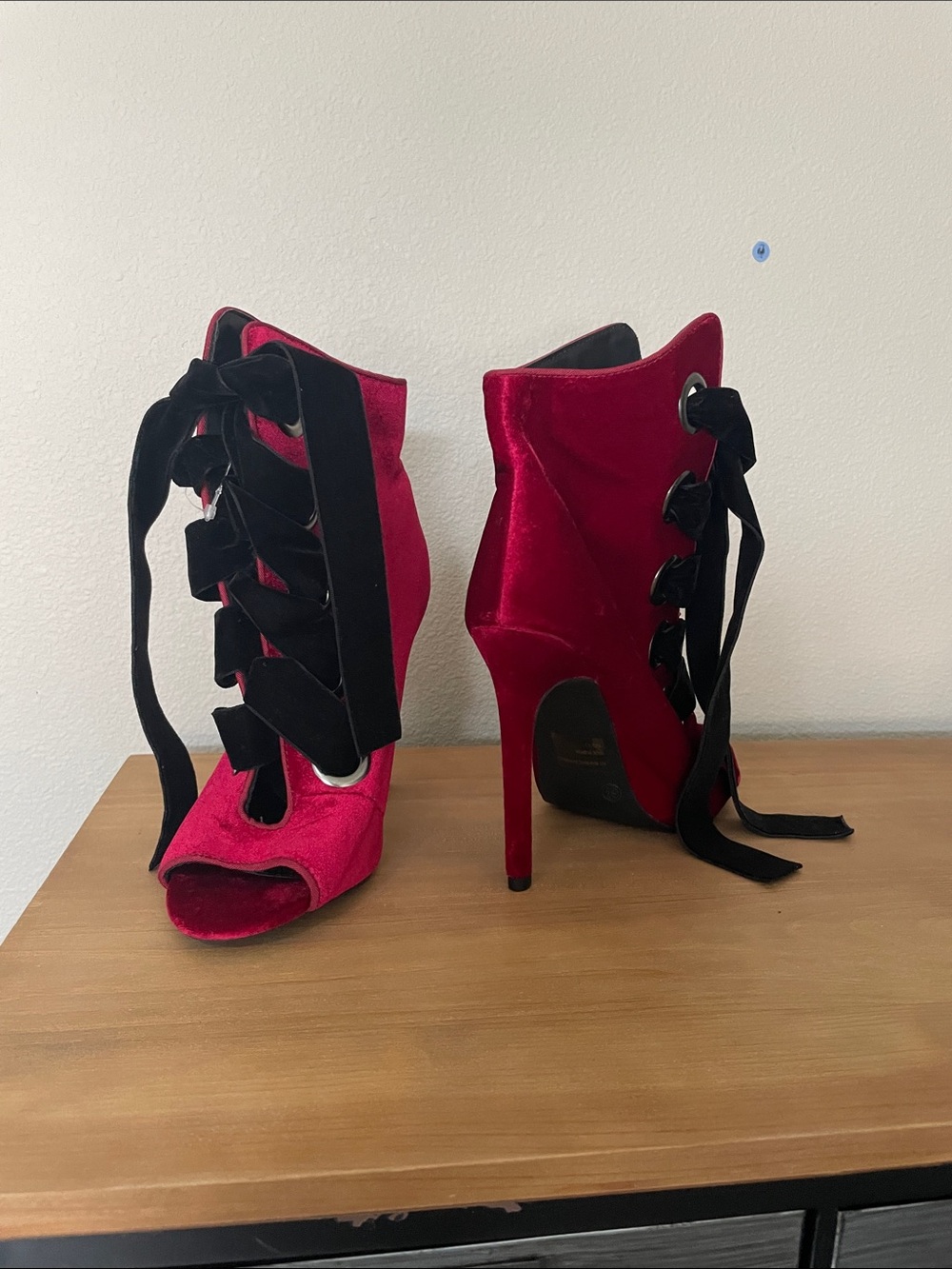 Wild Diva Red Velvet Open-Toe Lace-Up Stiletto Booties